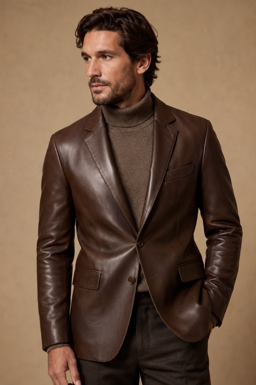 Men's Shawl-Collar Leather Blazer