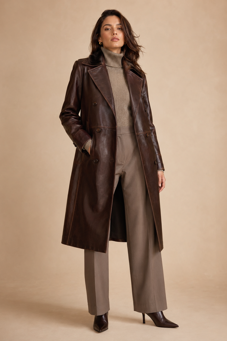 Women's Funnel-Neck Leather Coat