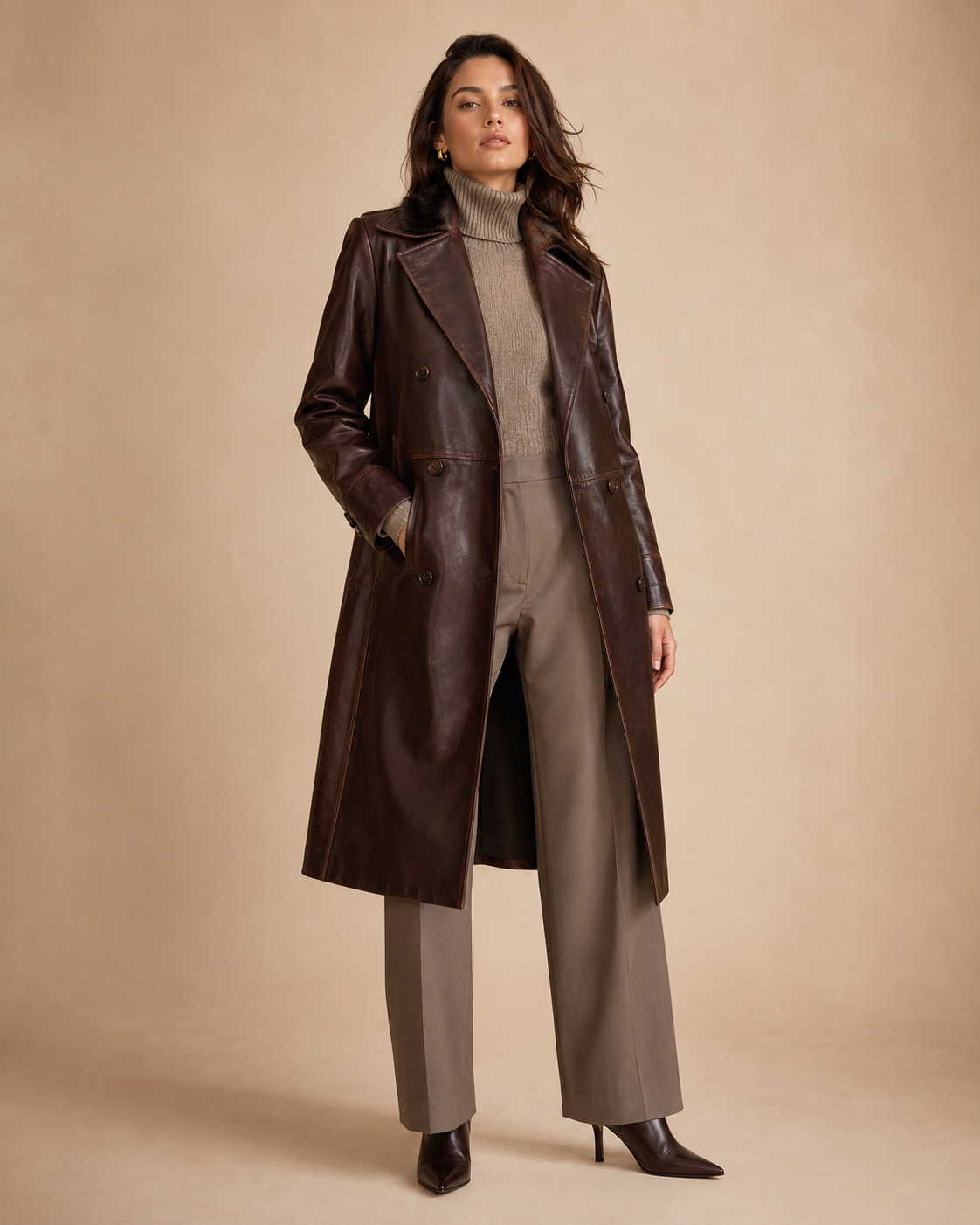 Women's Funnel-Neck Leather Coat