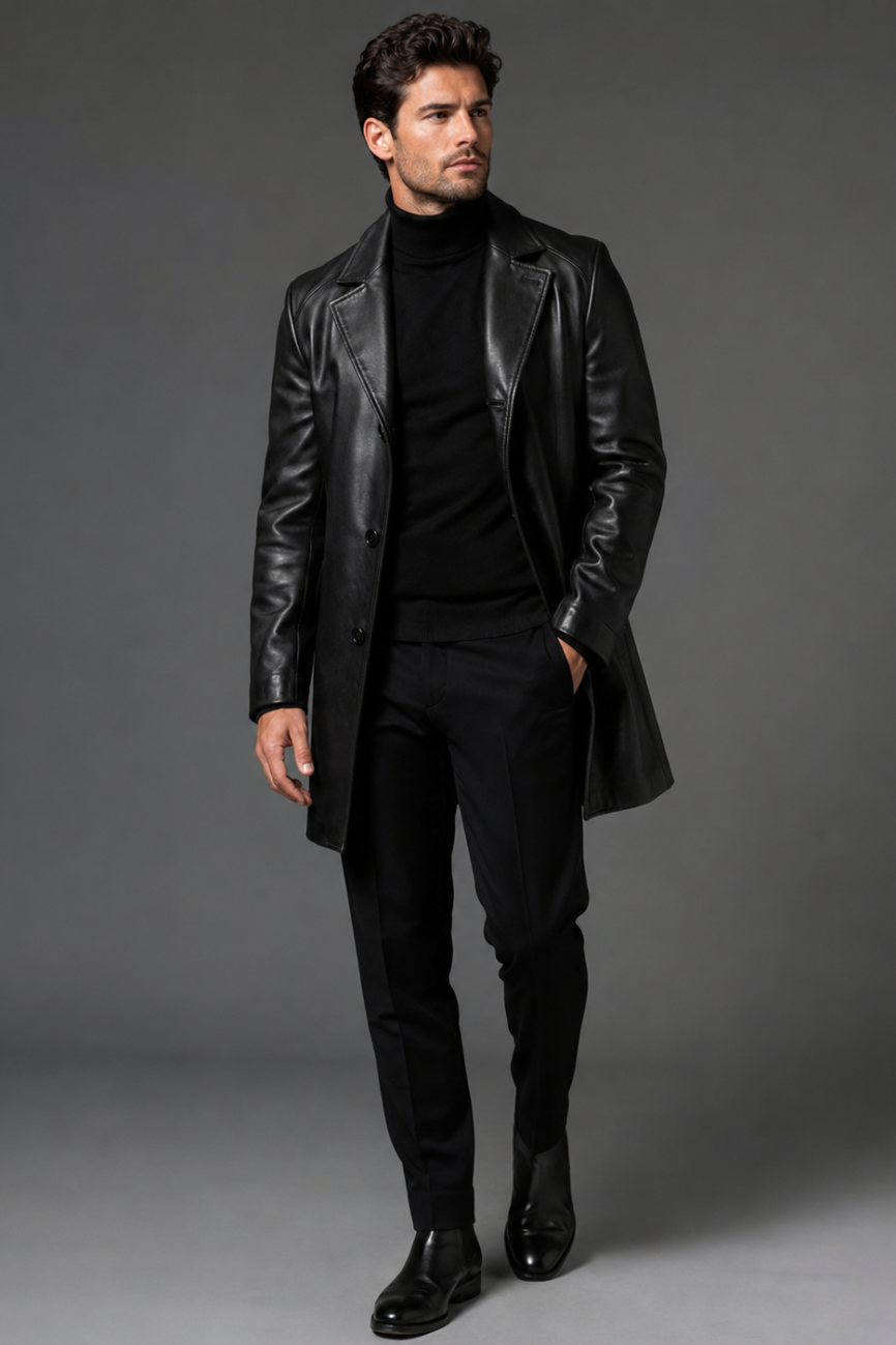 Men's Funnel-Neck Leather Coat