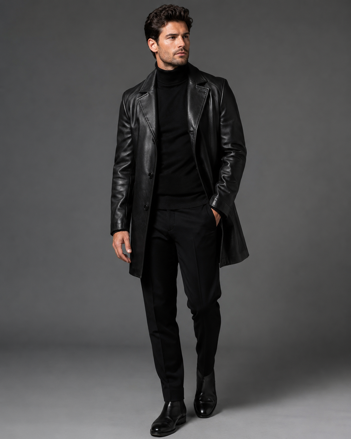 Men's Funnel-Neck Leather Coat