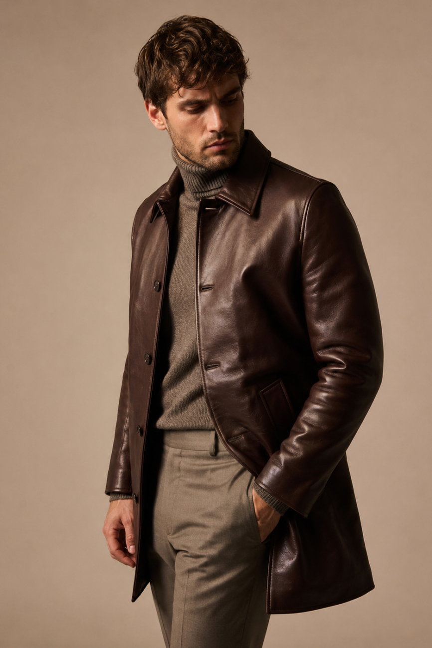 Men's Herringbone-Lined Leather Coat