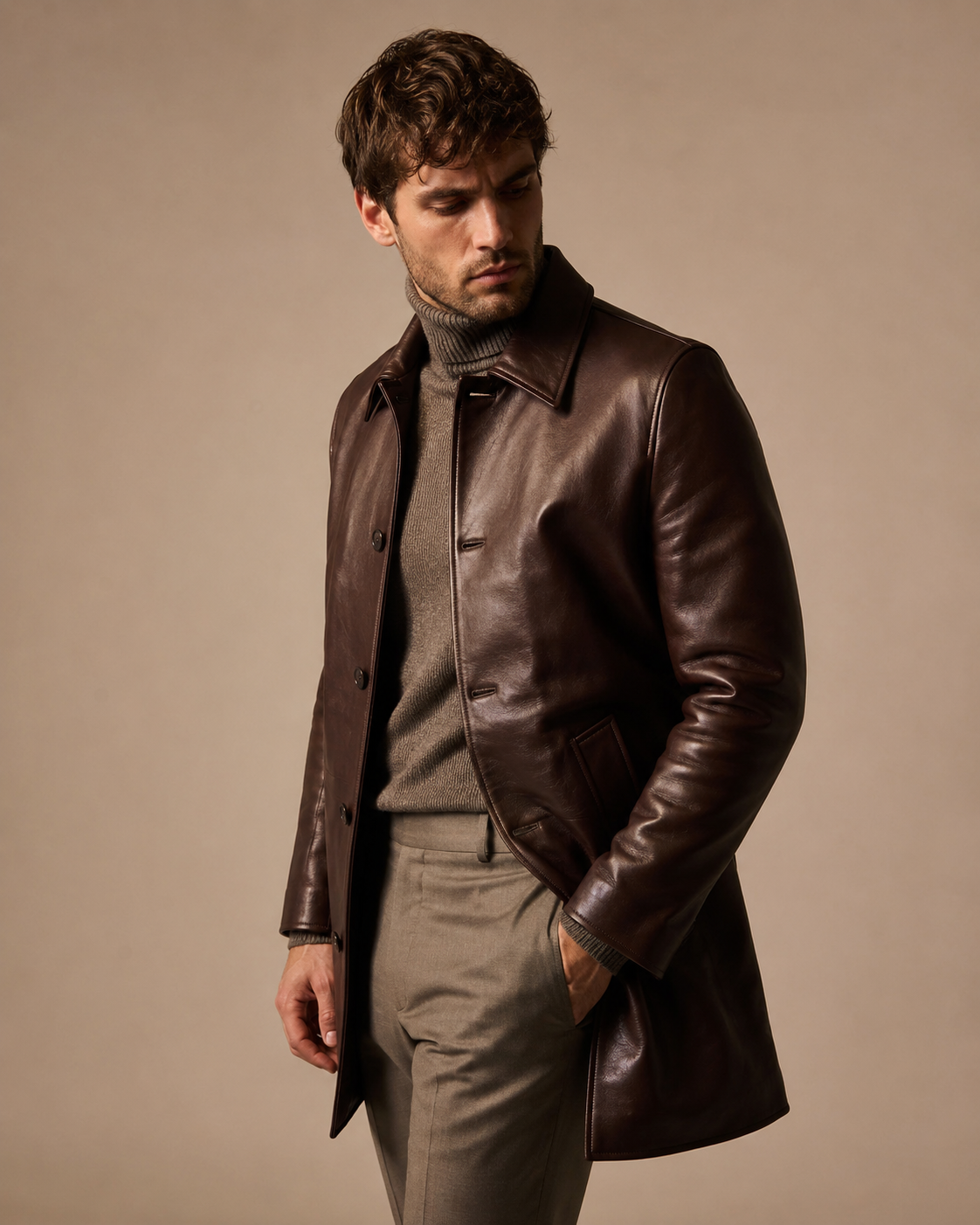 Men's Herringbone-Lined Leather Coat