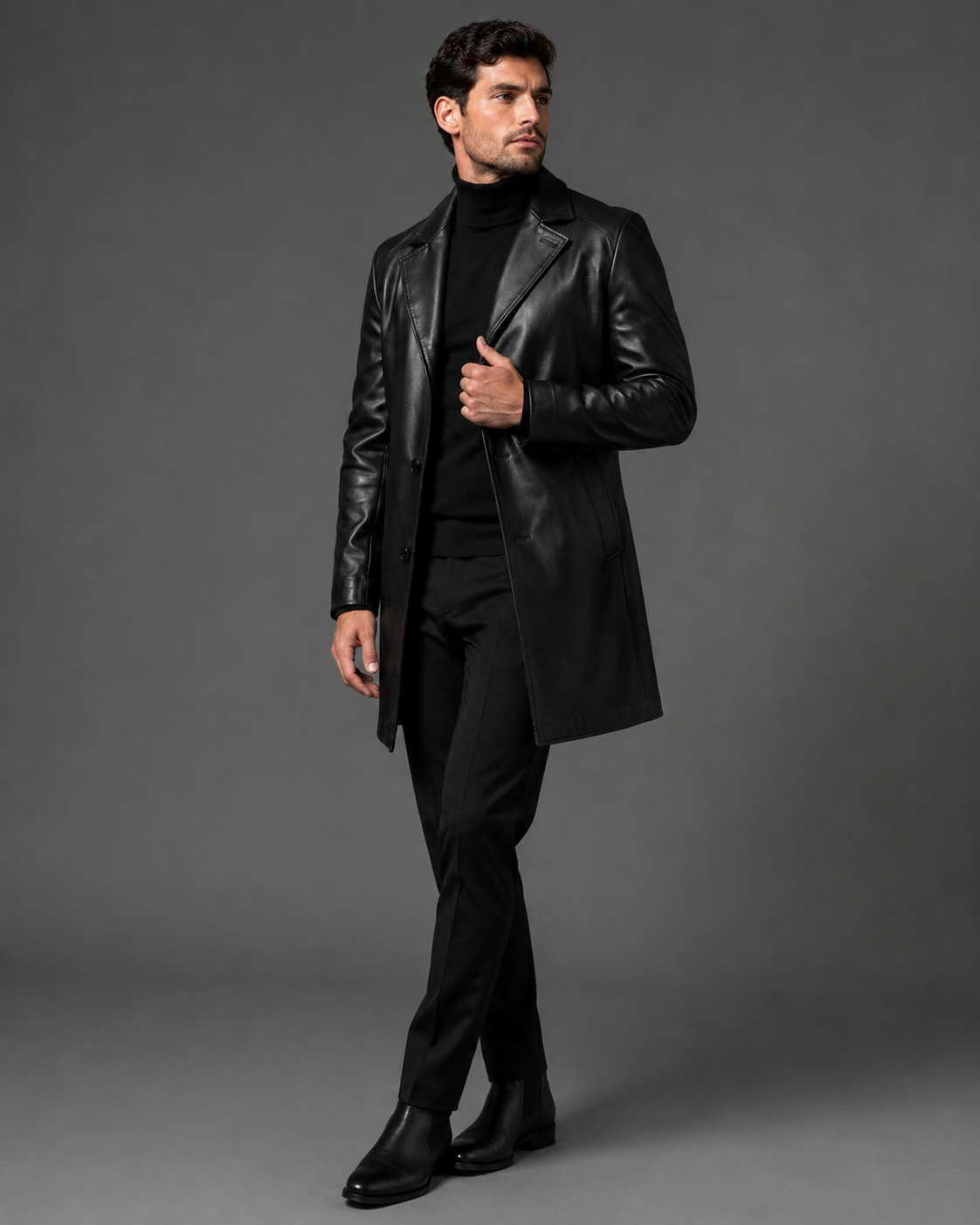 Men's Funnel-Neck Leather Coat - Image 2