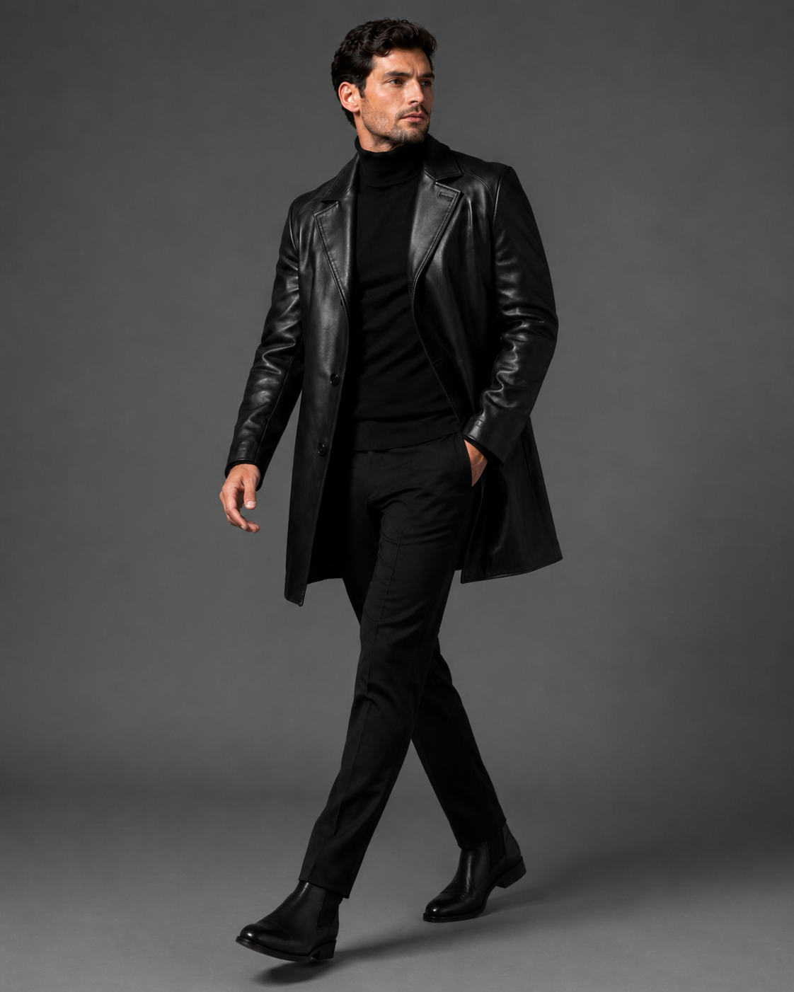 Men's Funnel-Neck Leather Coat - Image 3