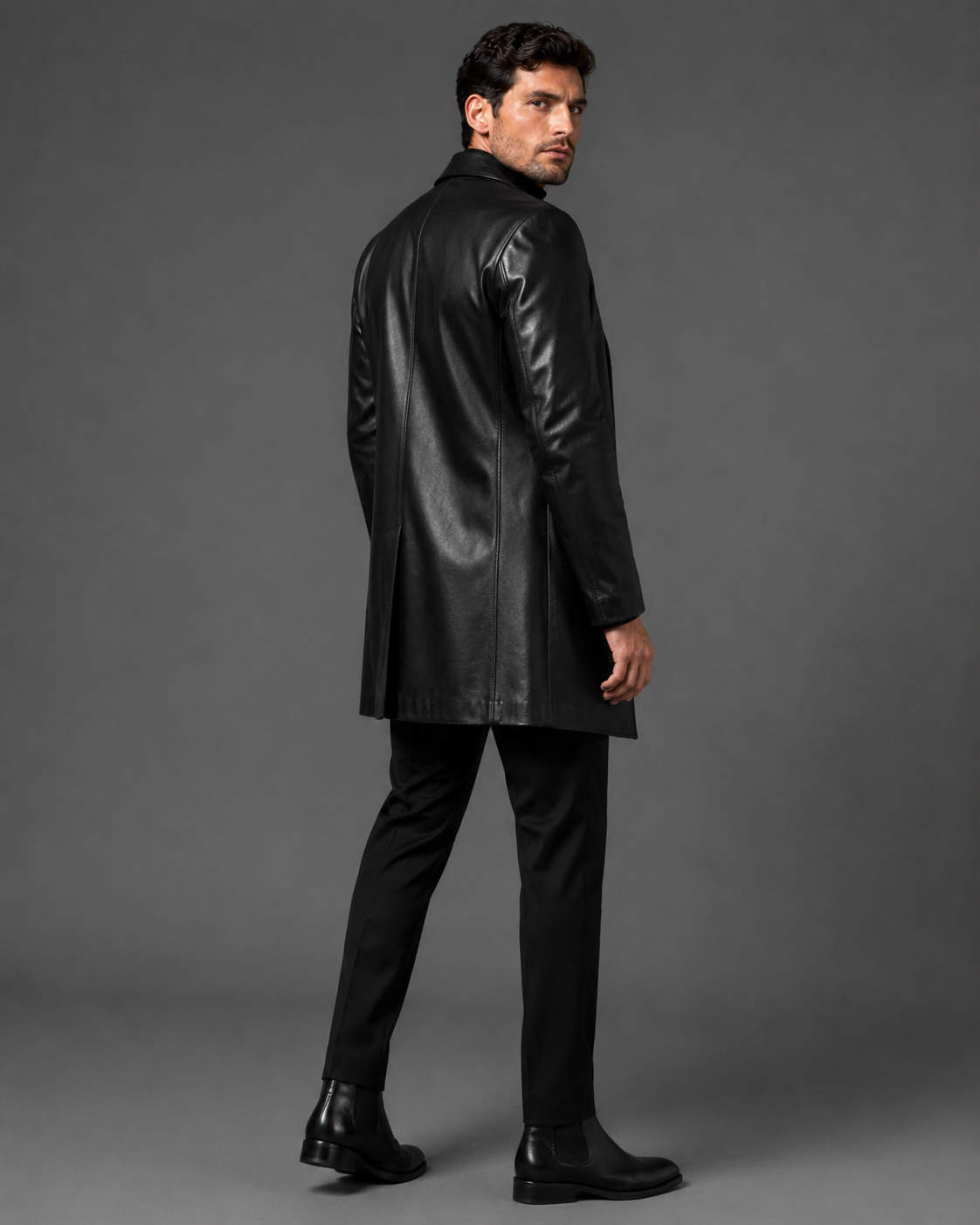 Men's Funnel-Neck Leather Coat - Image 4