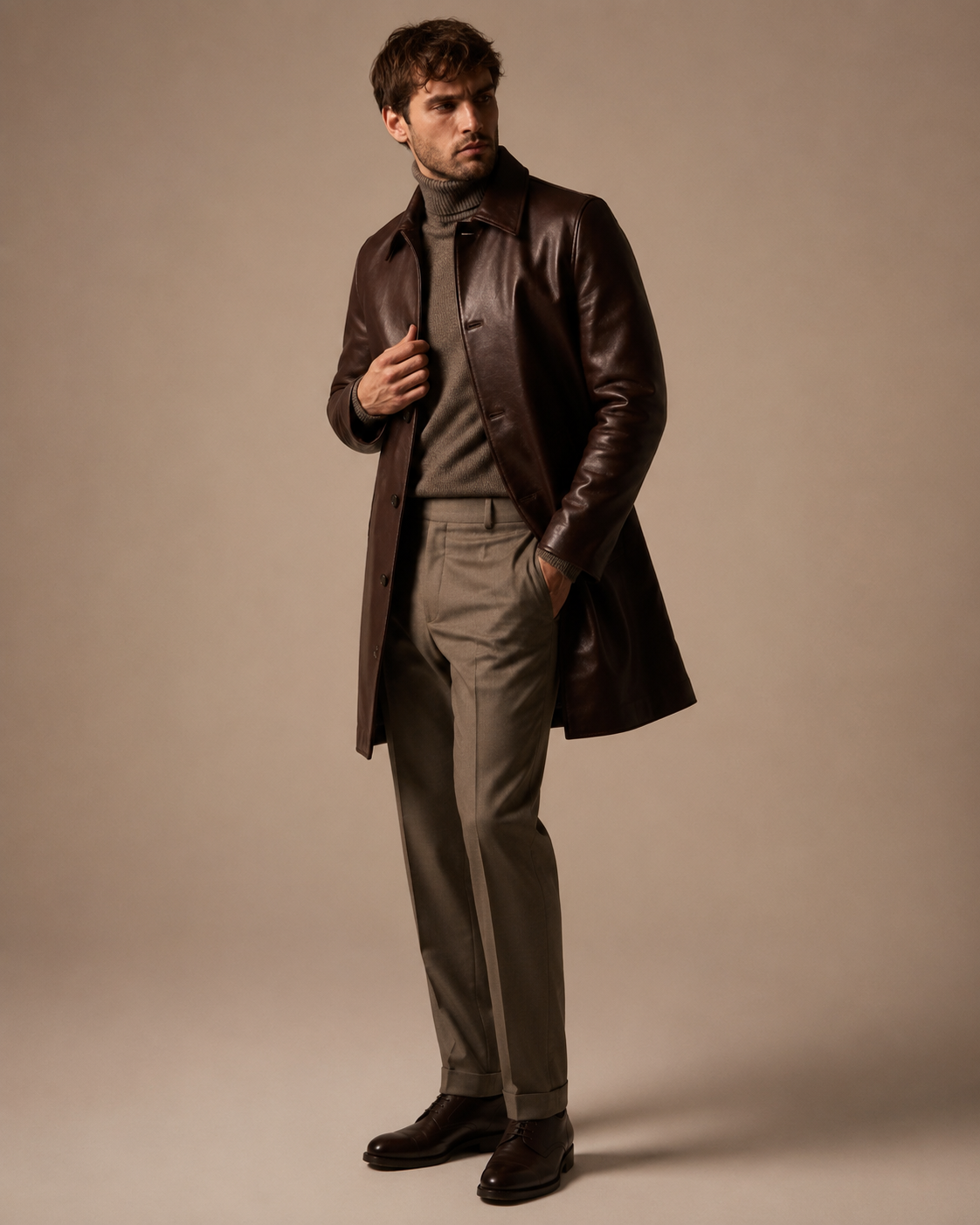 Men's Herringbone-Lined Leather Coat - Image 2
