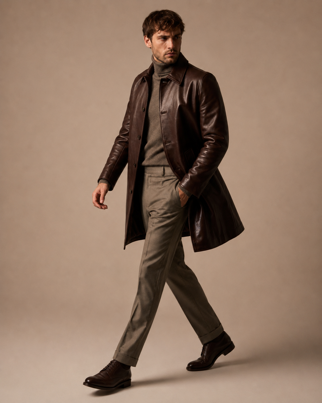 Men's Herringbone-Lined Leather Coat - Image 3
