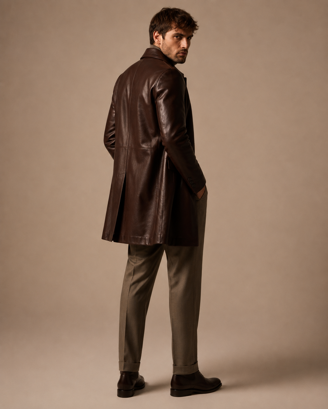 Men's Herringbone-Lined Leather Coat - Image 4