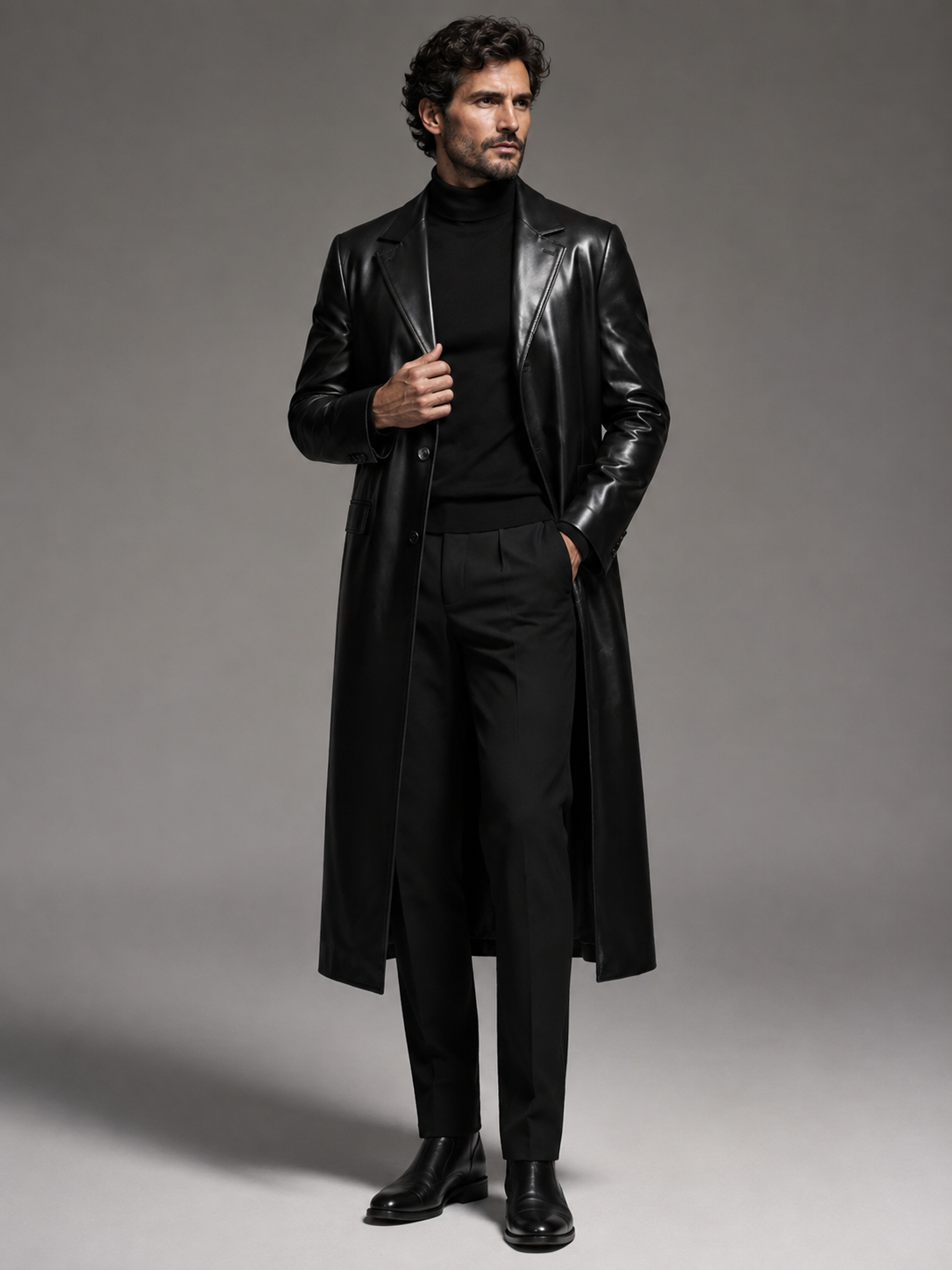 Men's Long Funnel-Neck Leather Coat - Image 4