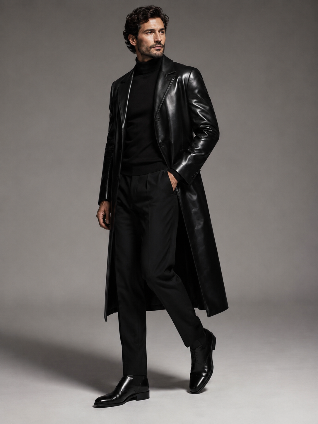 Men's Long Funnel-Neck Leather Coat - Image 3