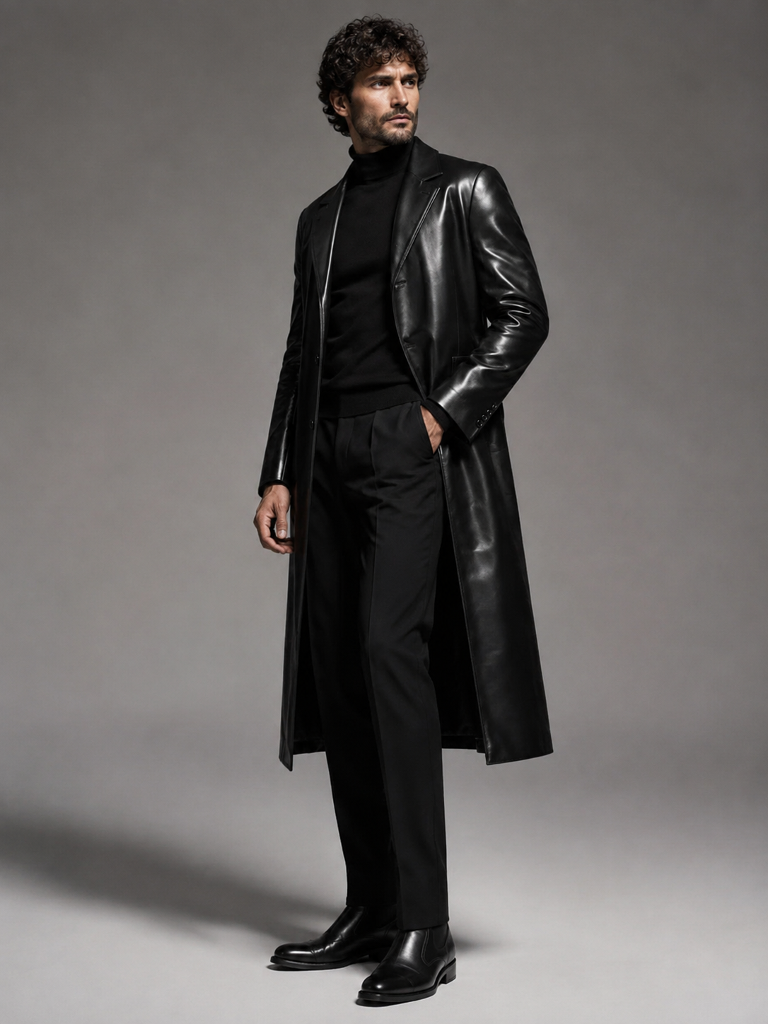 Men's Long Funnel-Neck Leather Coat - Image 2