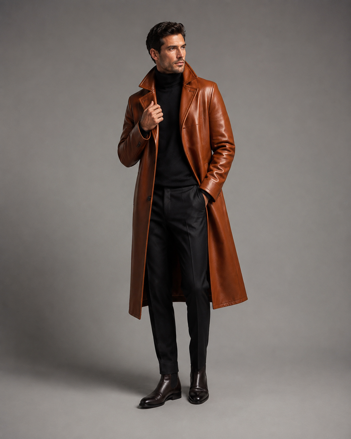 Men's Long Two-Tone Leather Coat - Image 2