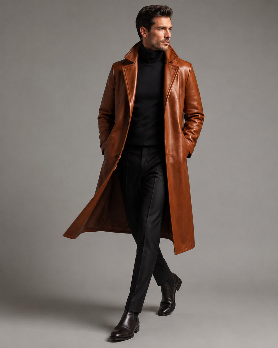 Men's Long Two-Tone Leather Coat - Image 4