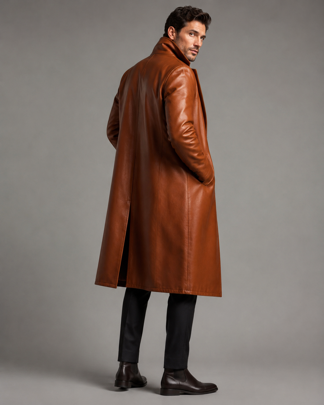 Men's Long Two-Tone Leather Coat - Image 3