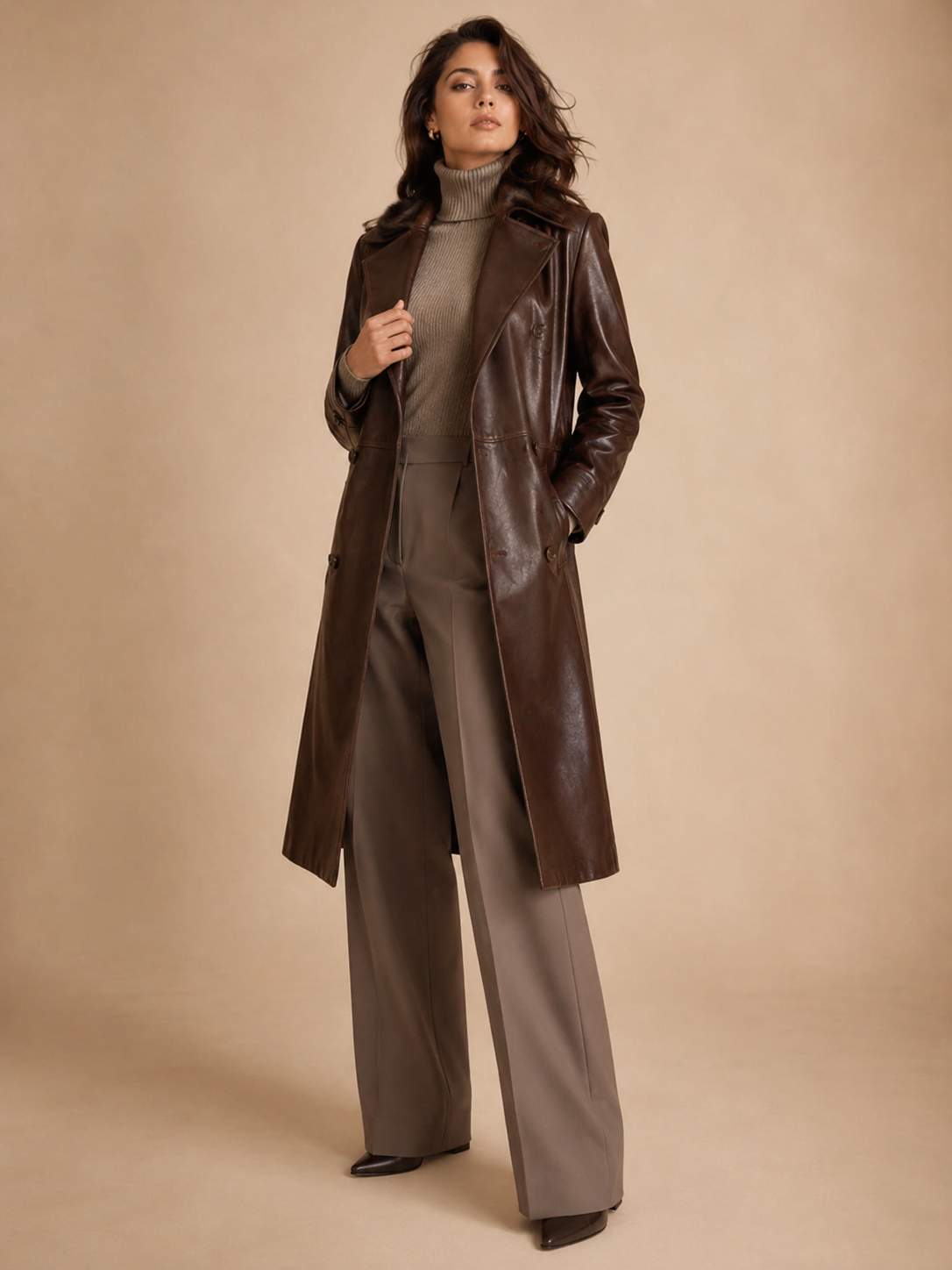 Women's Funnel-Neck Leather Coat - Image 4