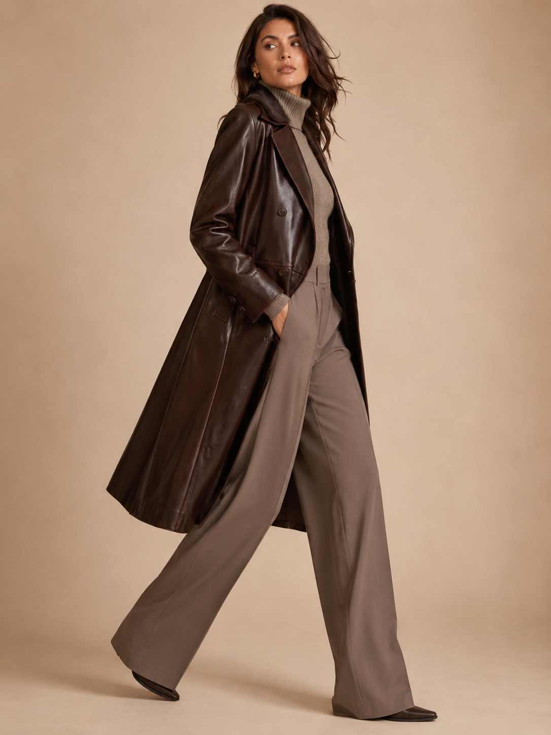Women's Funnel-Neck Leather Coat - Image 3