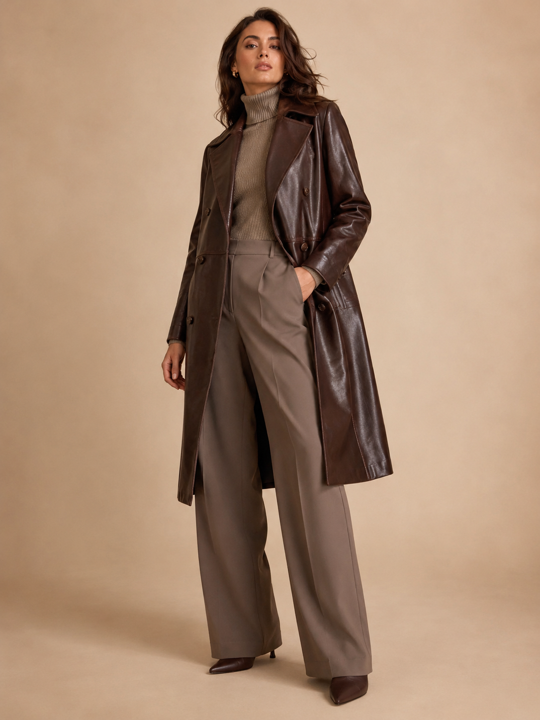 Women's Funnel-Neck Leather Coat - Image 2