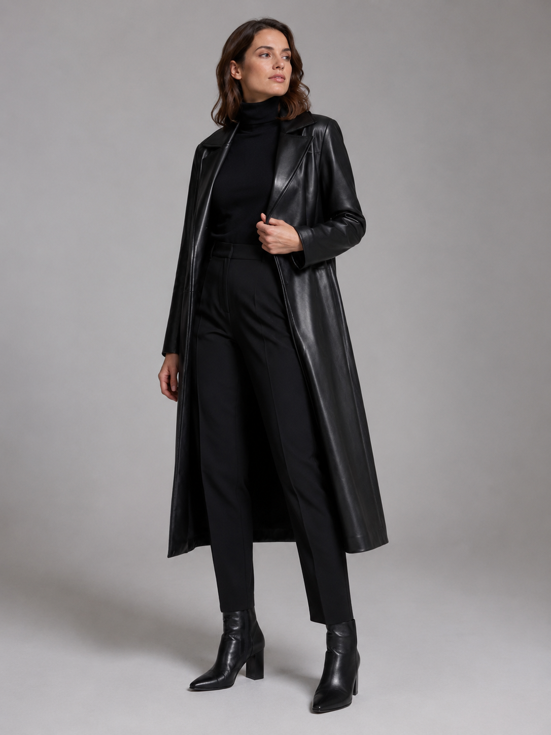 Women's Long Funnel-Neck Leather Coat - Image 4