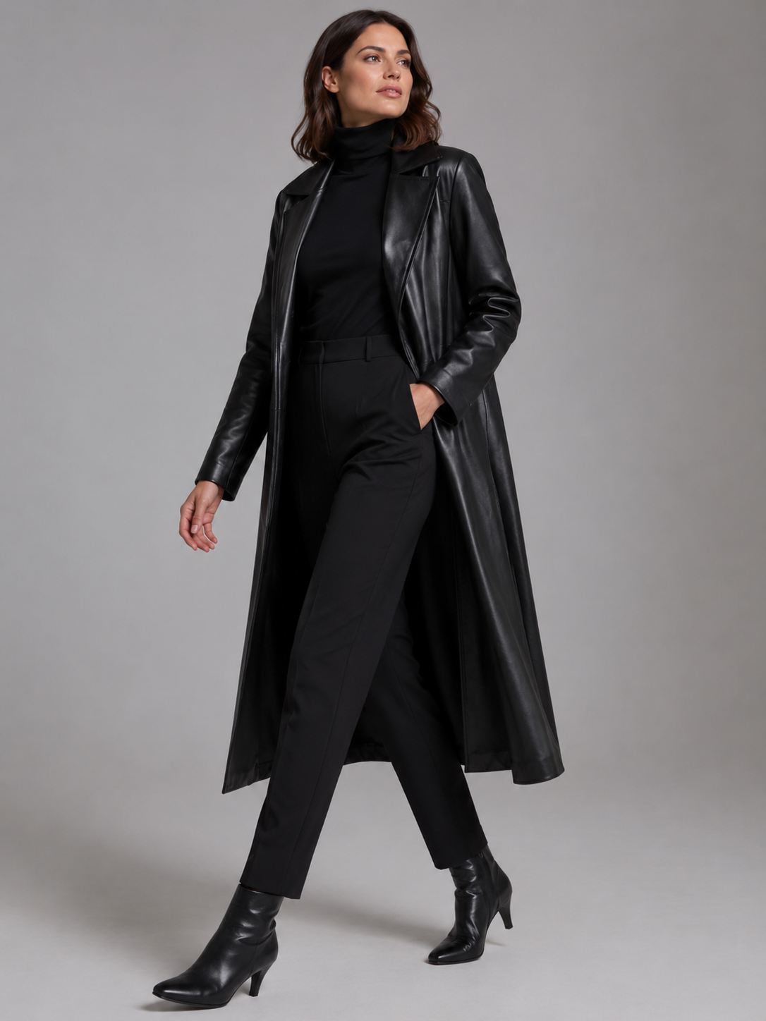 Women's Long Funnel-Neck Leather Coat - Image 3