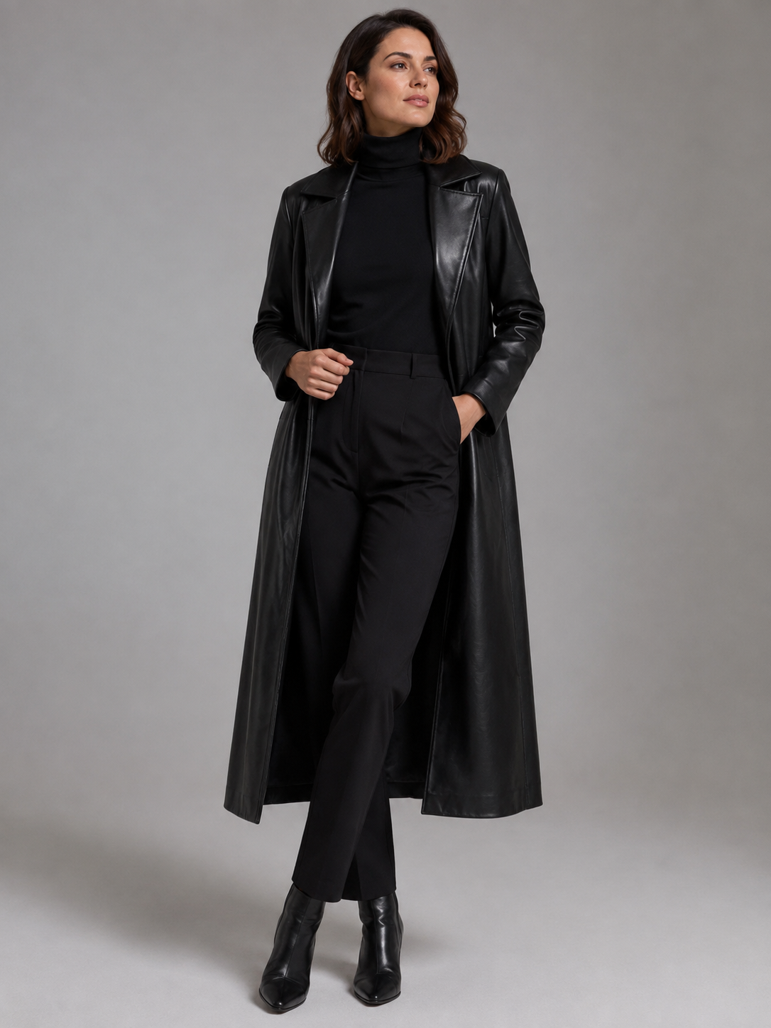 Women's Long Funnel-Neck Leather Coat - Image 2