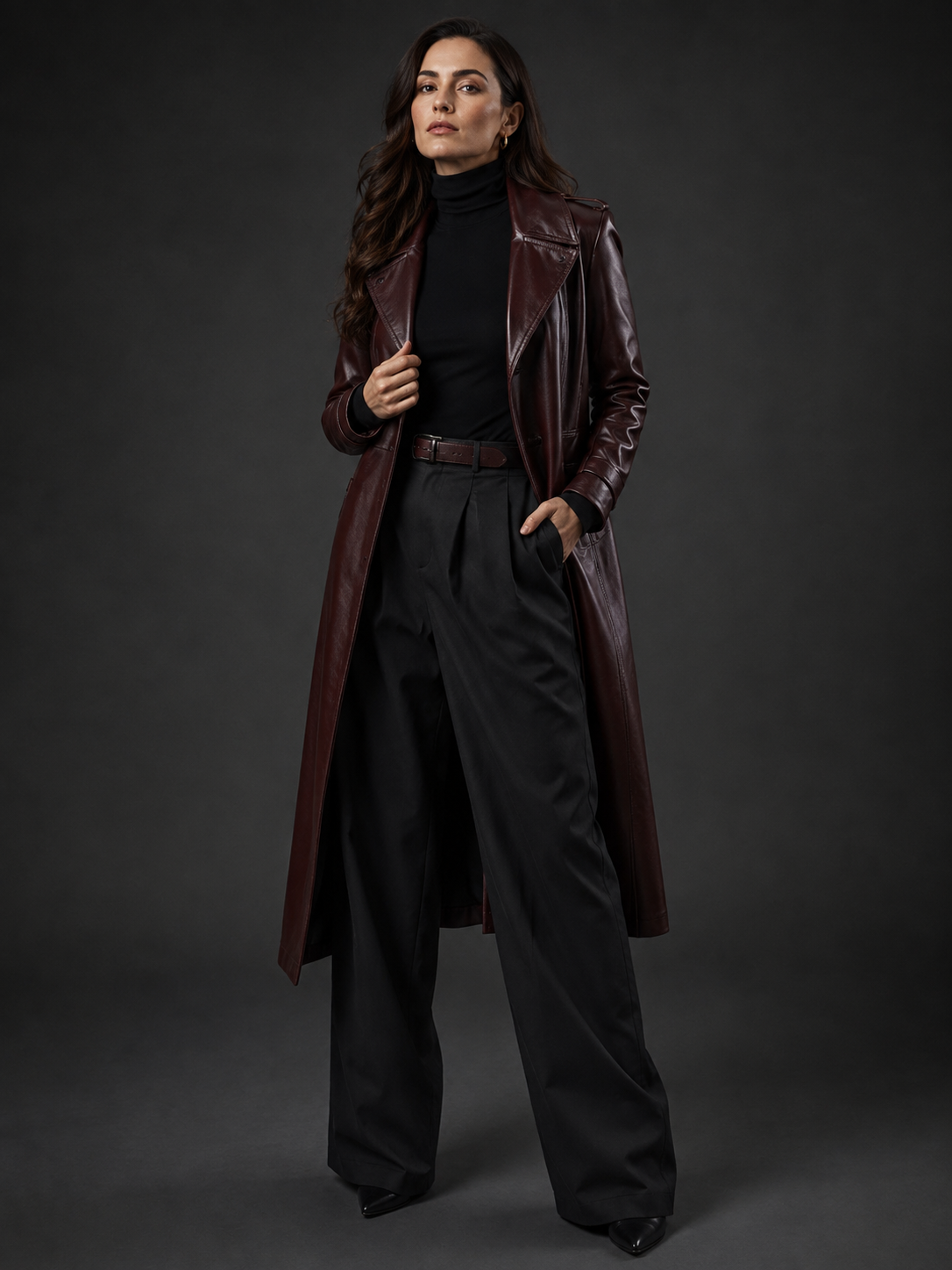 Women's Long Two-Tone Leather Coat - Image 2