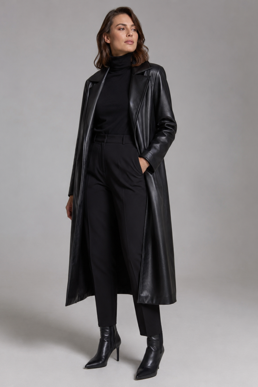 Women's Long Funnel-Neck Leather Coat