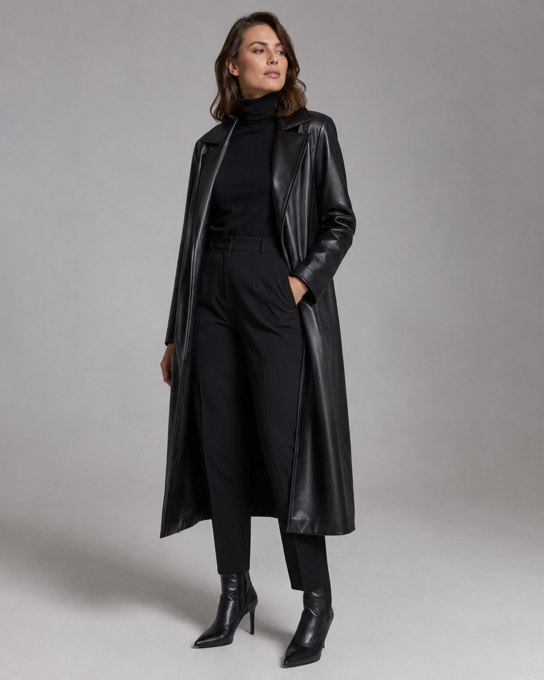 Women's Long Funnel-Neck Leather Coat