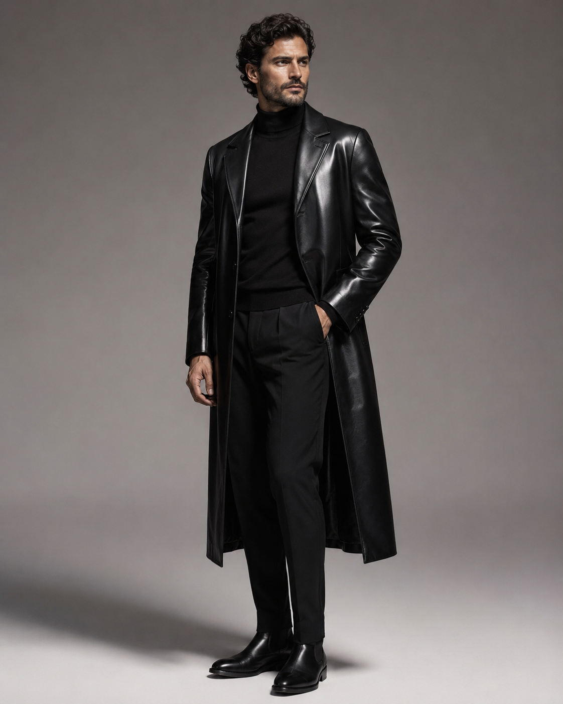 Men's Long Funnel-Neck Leather Coat