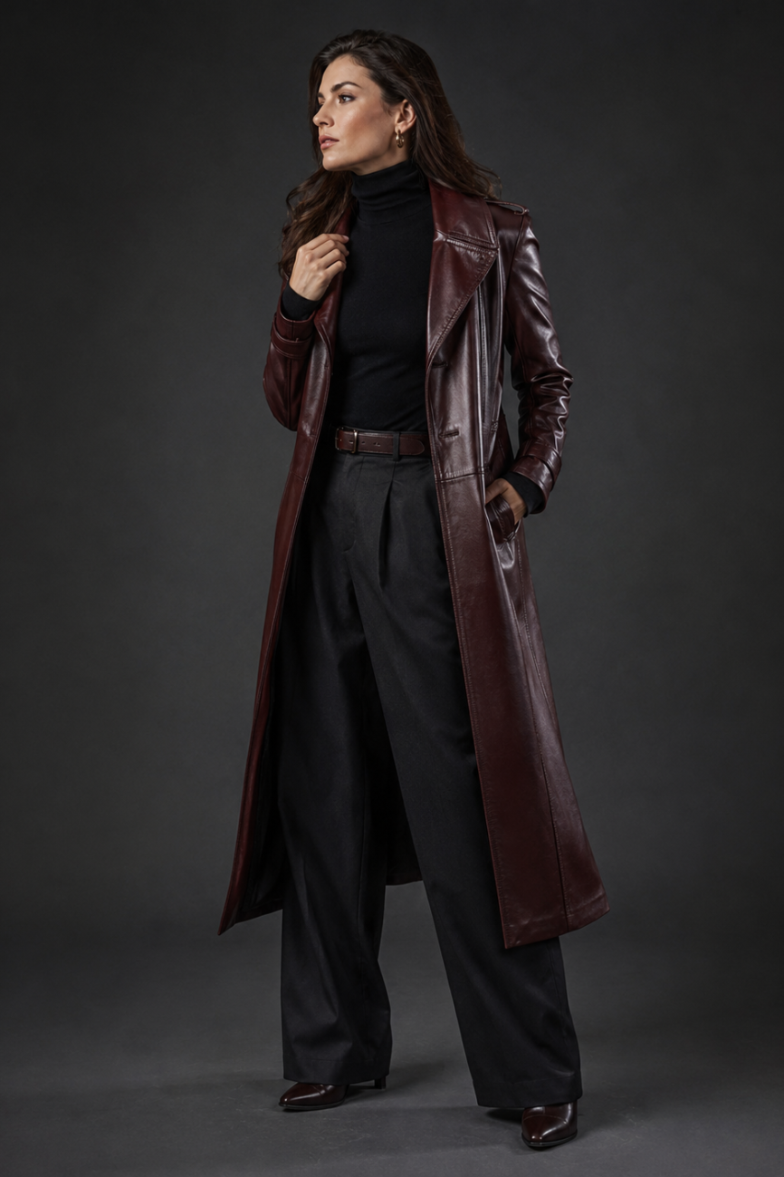 Women's Long Two-Tone Leather Coat