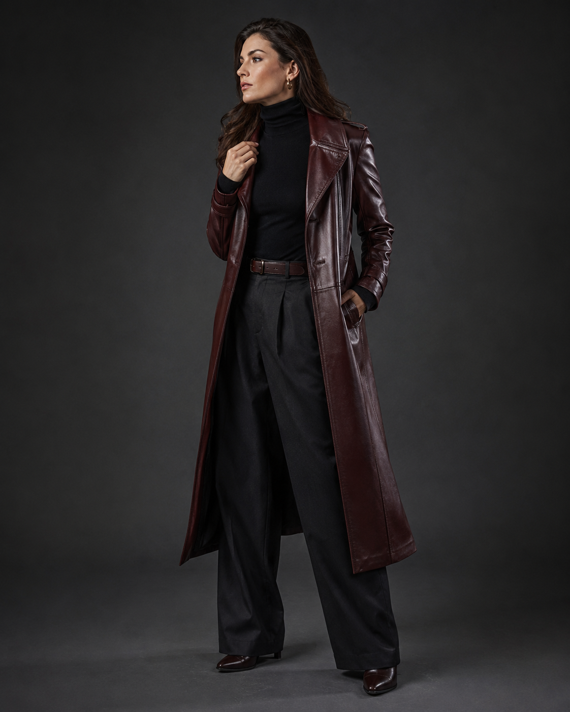 Women's Long Two-Tone Leather Coat