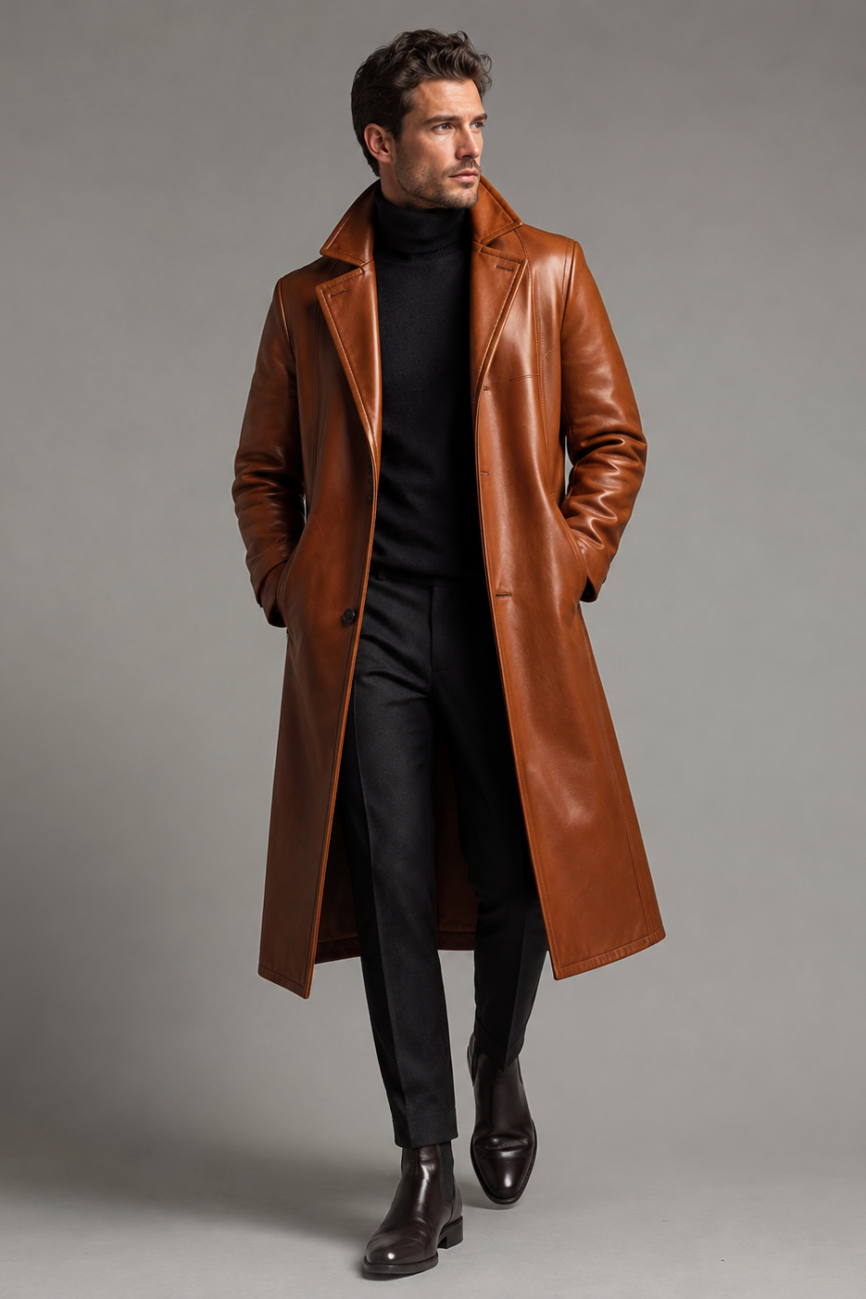 Men's Long Two-Tone Leather Coat