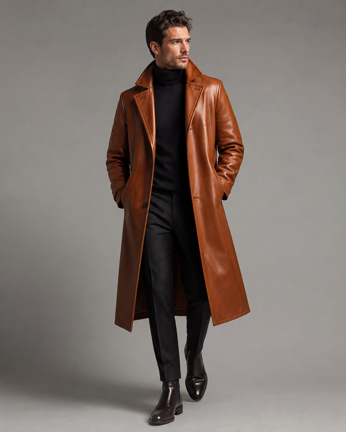 Men's Long Two-Tone Leather Coat